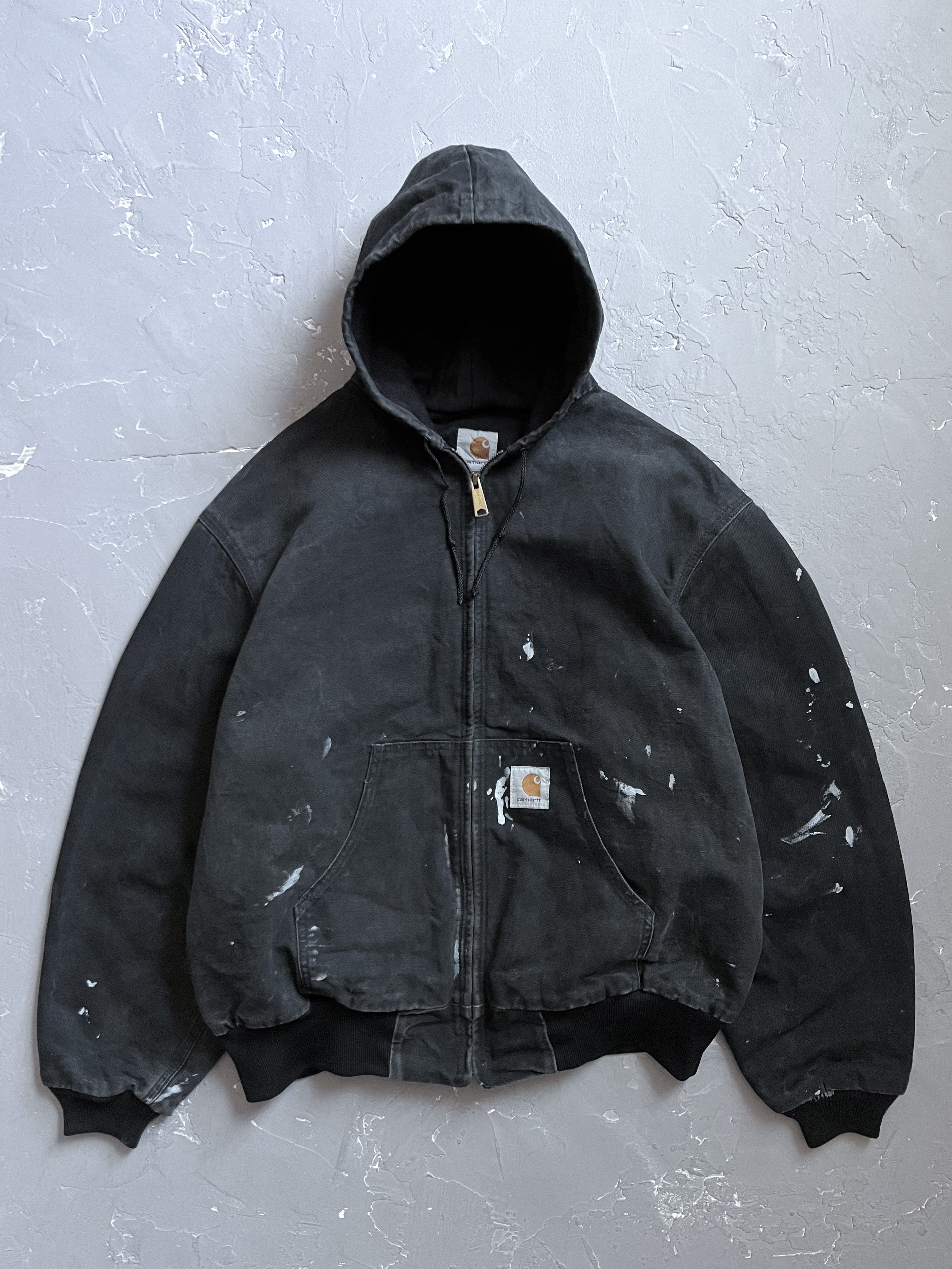 1990s Carhartt Black Painted Hooded Jacket [XL]