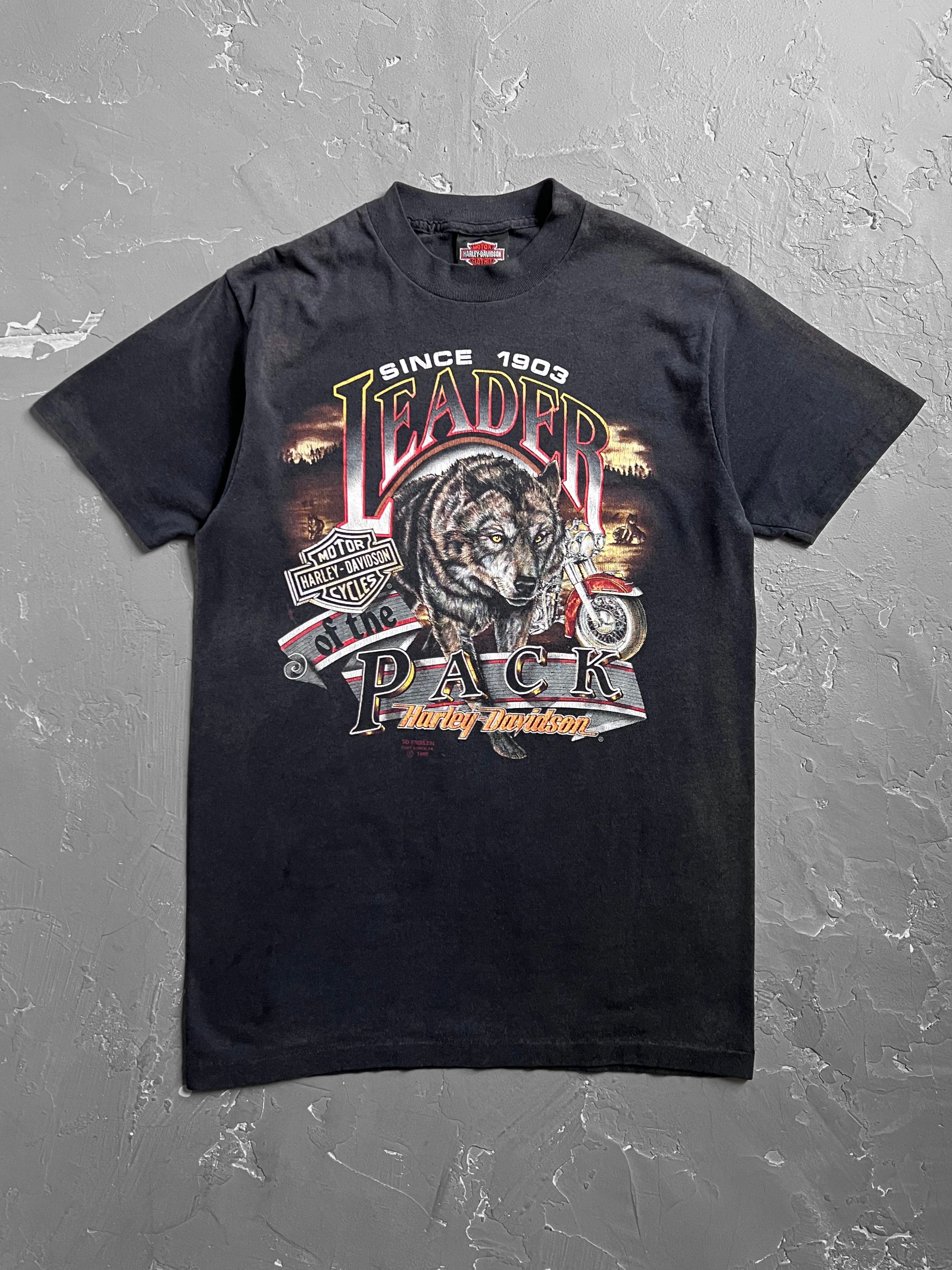 1990 Faded Black “Leader of The Pack” Harley Davidson 3D Emblem Tee [S]
