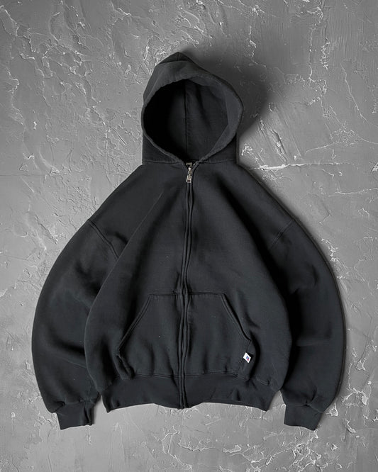 1990s Faded Black Russell Athletic Full Zip Hoodie [L]