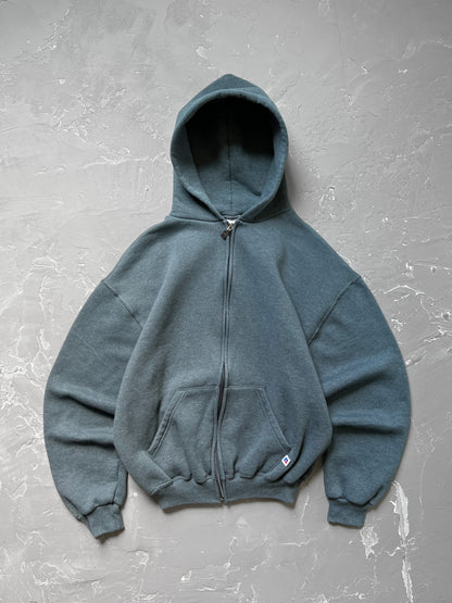 1990s Faded Blue Russell Athletic Zip Hoodie [L]