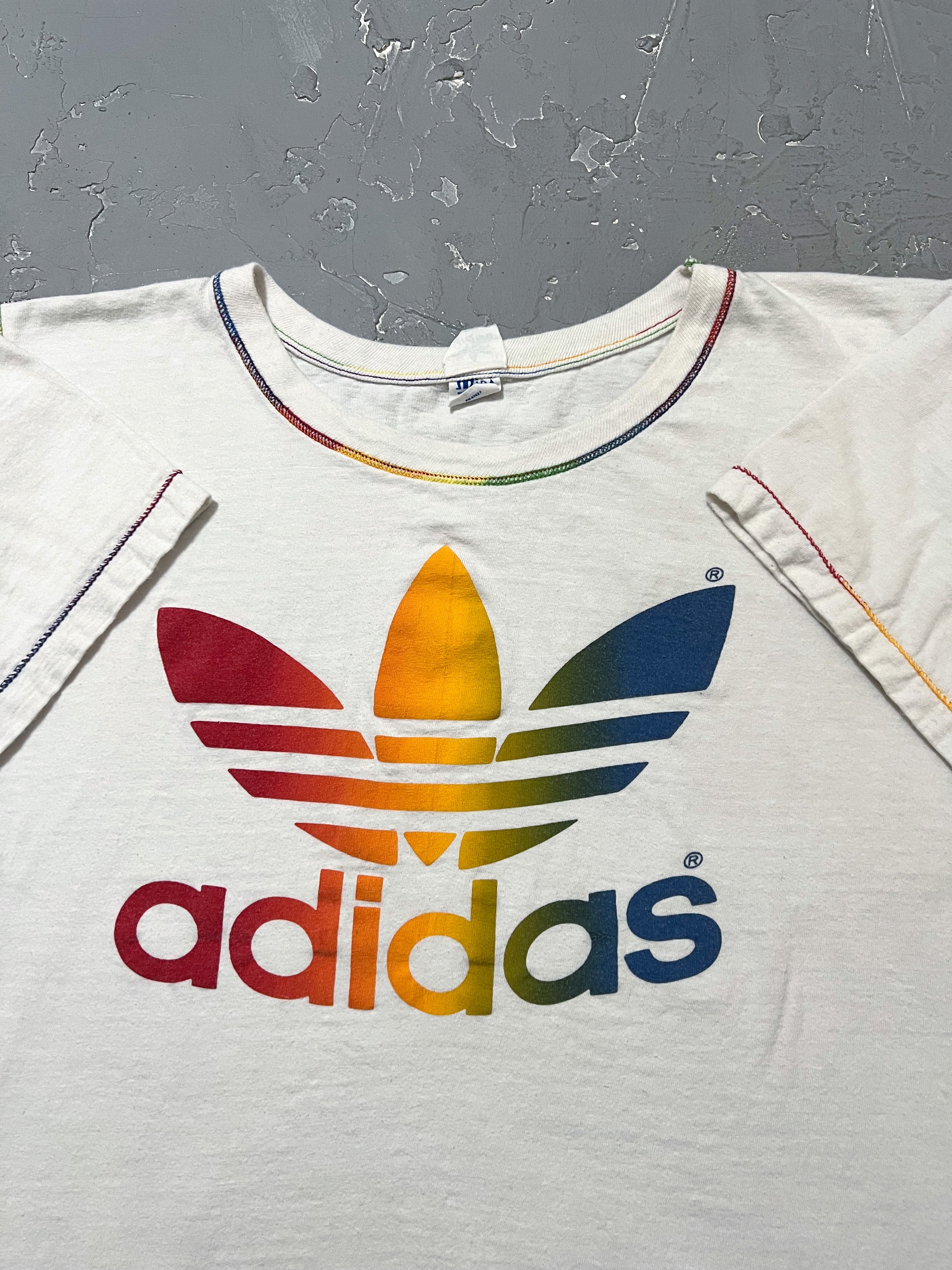 1980s Adidas Rainbow Trefoil Ringer Tee [L]