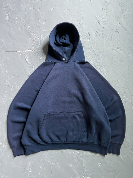 1980s Faded Navy Cropped Raglan Hoodie [L]