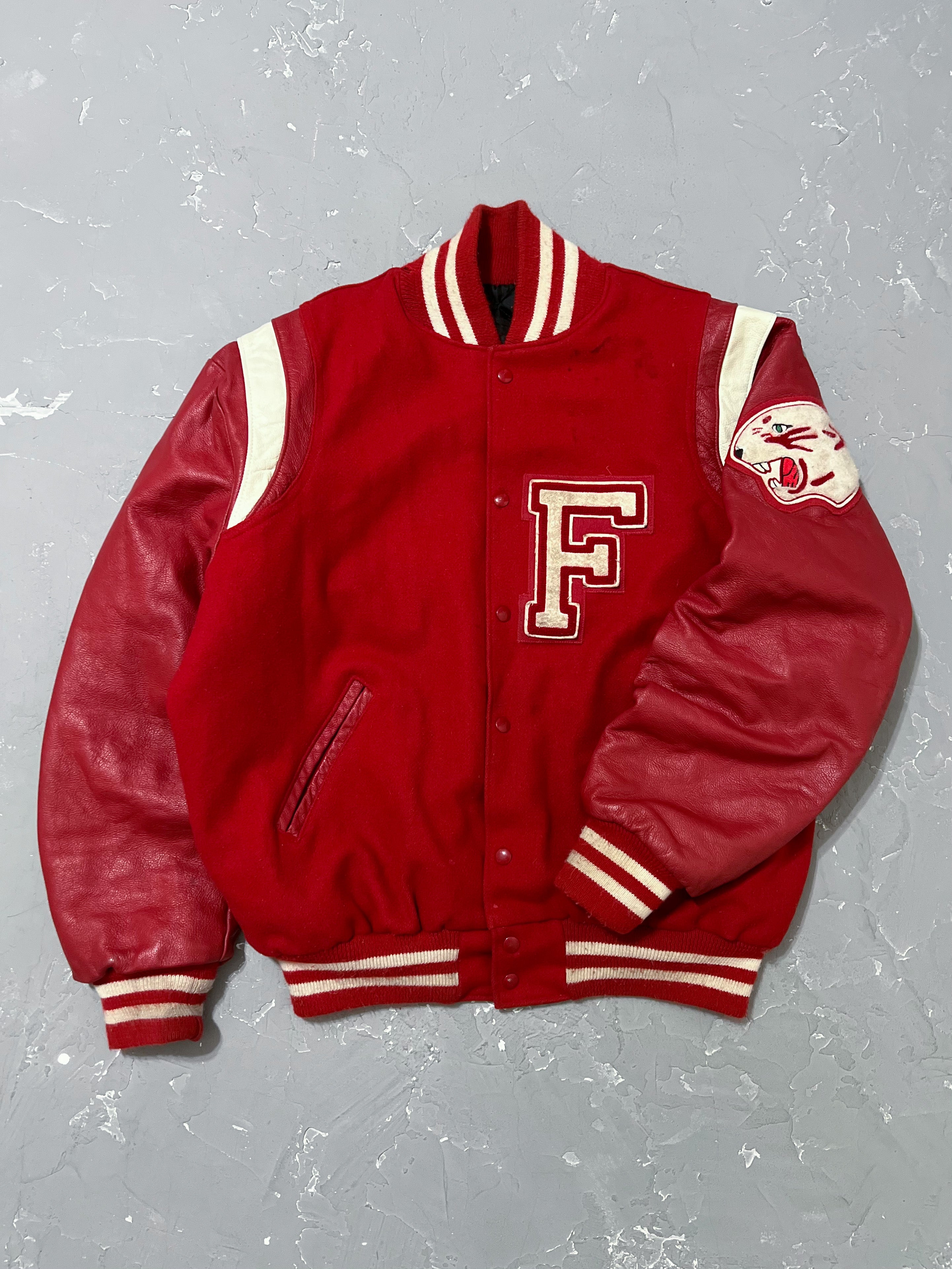1990s Cherry Red “F” Varsity Jacket [XL]