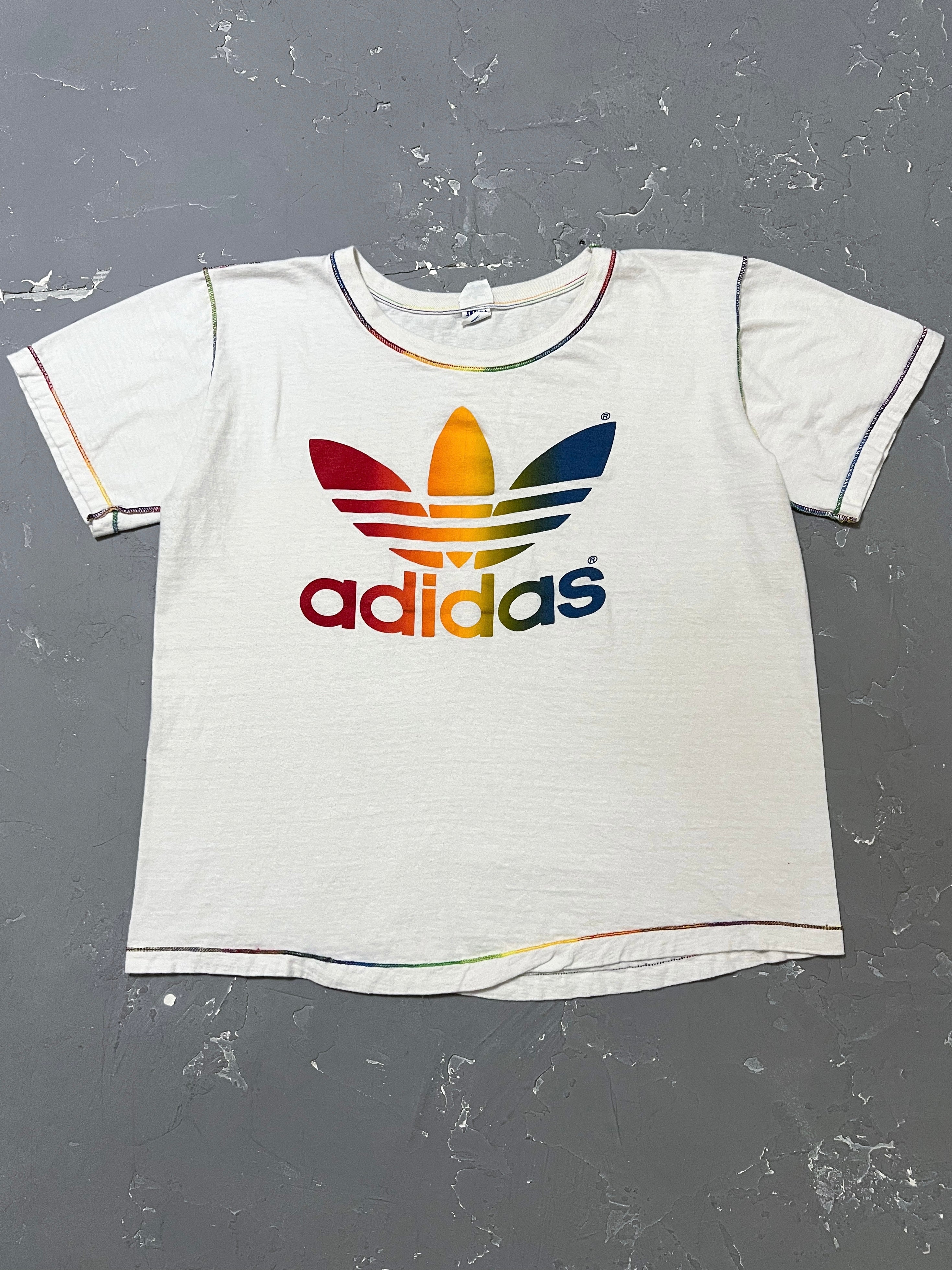 1980s Adidas Rainbow Trefoil Ringer Tee [L]